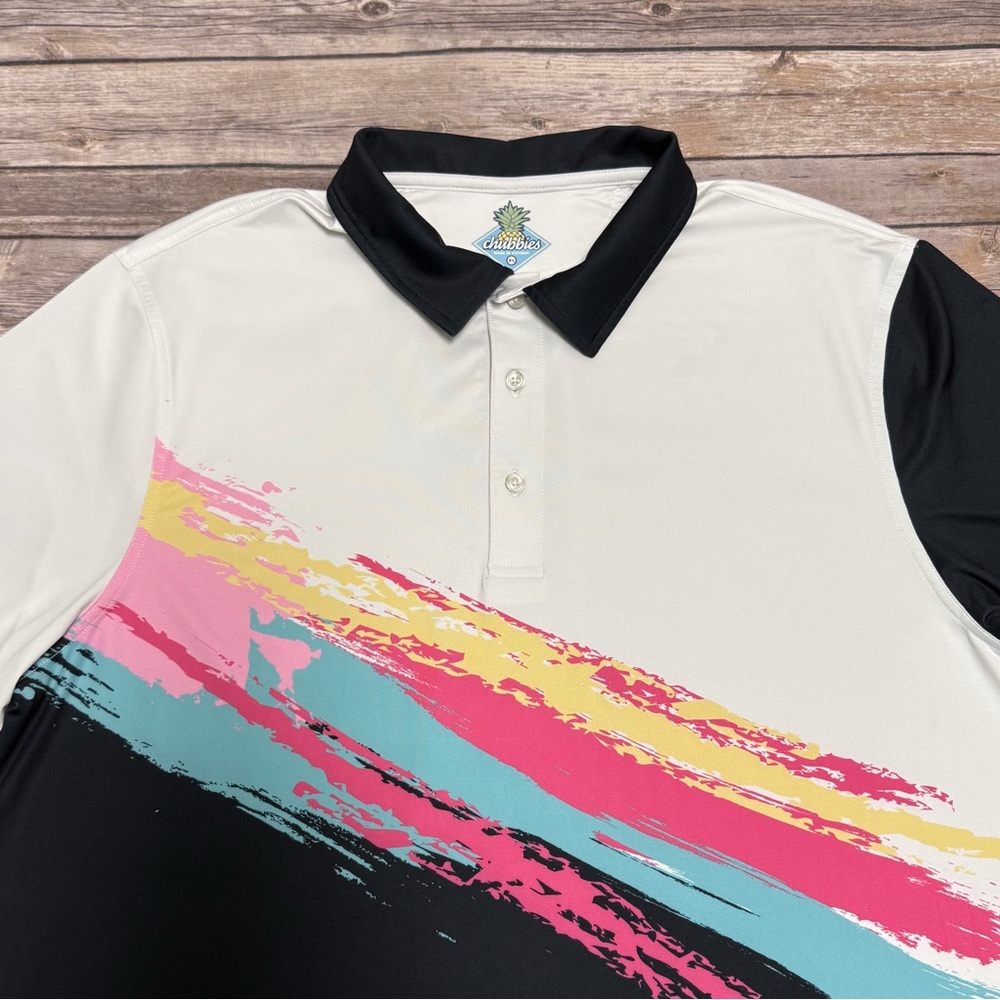 Chubbies Black White Pink Blue The Tennis Champ Performance Short Sleeve Polo XL - Picture 2 of 10
